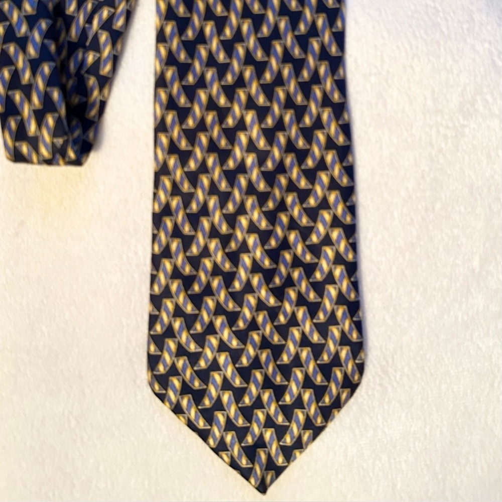 Lanvin Paris 100% Silk Neck Tie Navy Blue Yellow Abstract Print Made In France